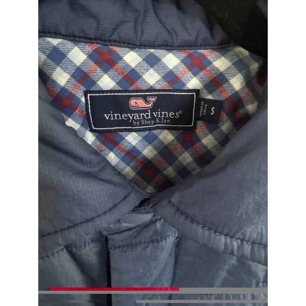 Vineyard Vines Men’s Puffer Jacket Blue Quilted Snap Close Plaid Lining Medium